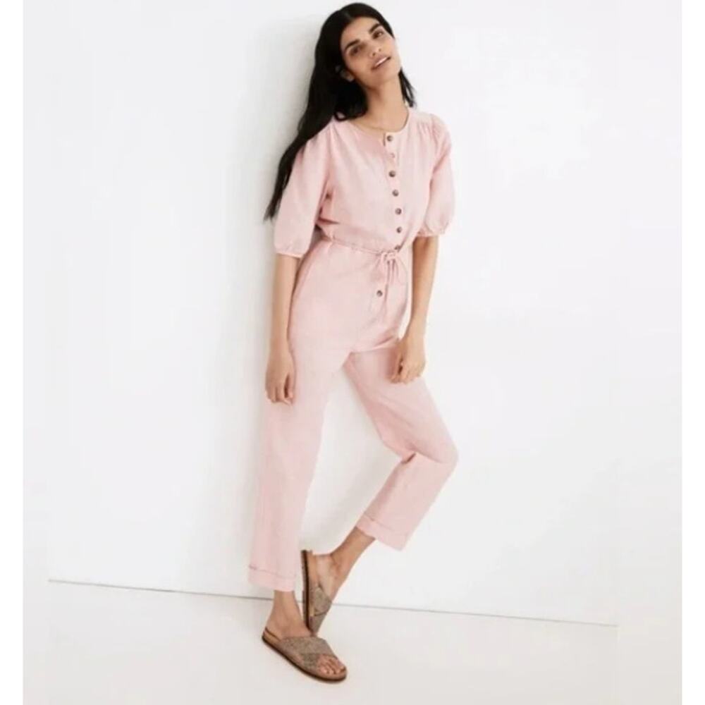Madewell Linen-Blend Puff-Sleeve Tassel-Tie Jumpsuit in SUNRISE (M)